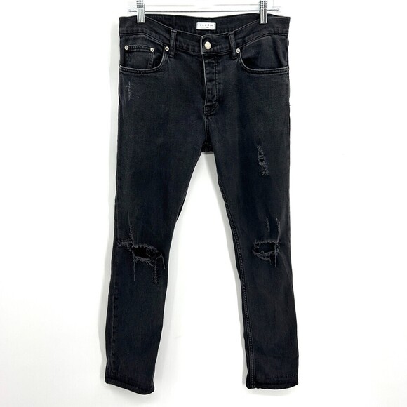 SANDRO Paris Black Dark Wash Button Fly Distressed High Rise Skinny Jeans 30 - Picture 1 of 10